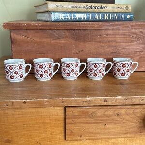 Set of FIVE Red Floral Patterned Windowpane Espresso Demitasse Mugs